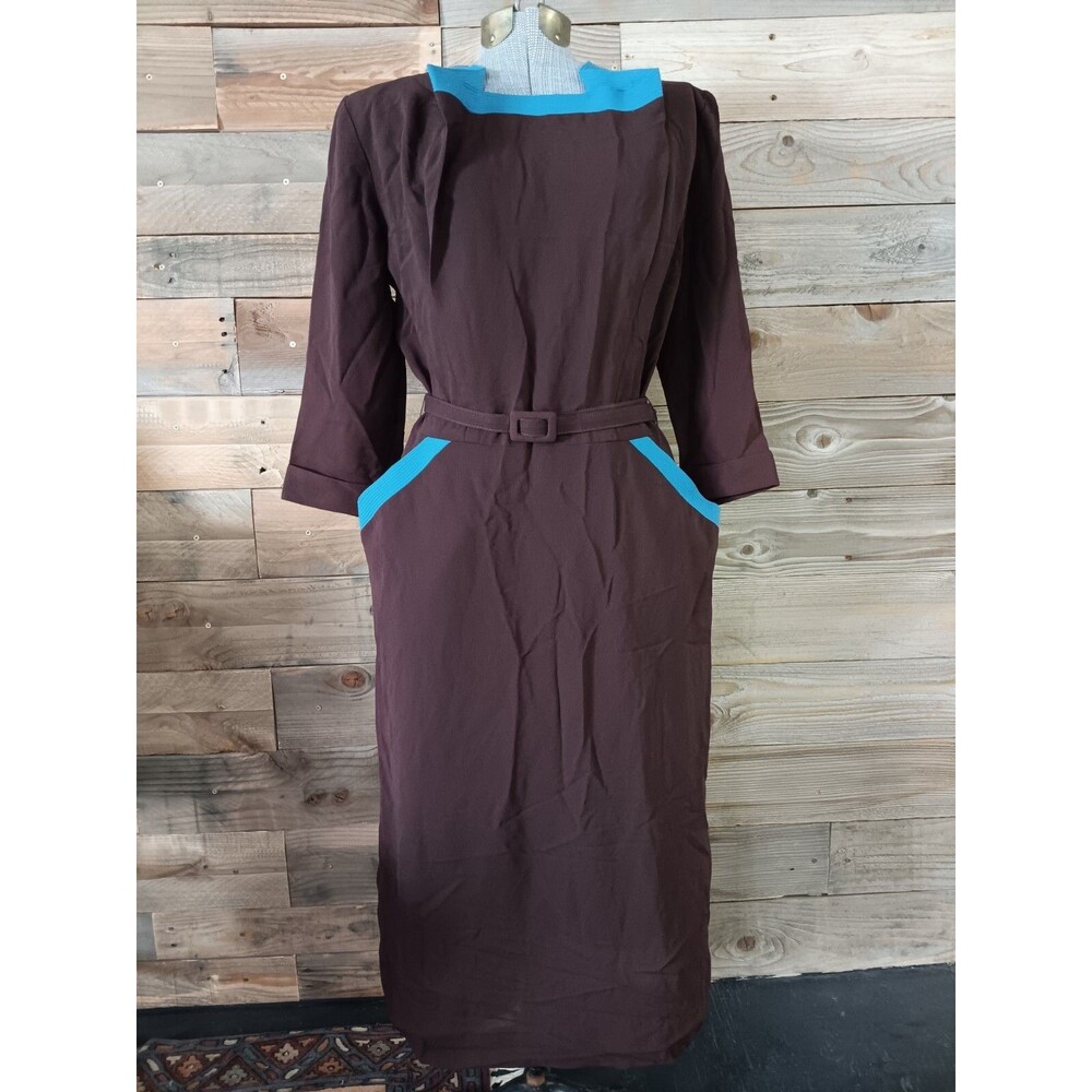 Vintage 1950s Cohen Bros Style Midi Dress Turquoise And Brown W/ Belt See Desc